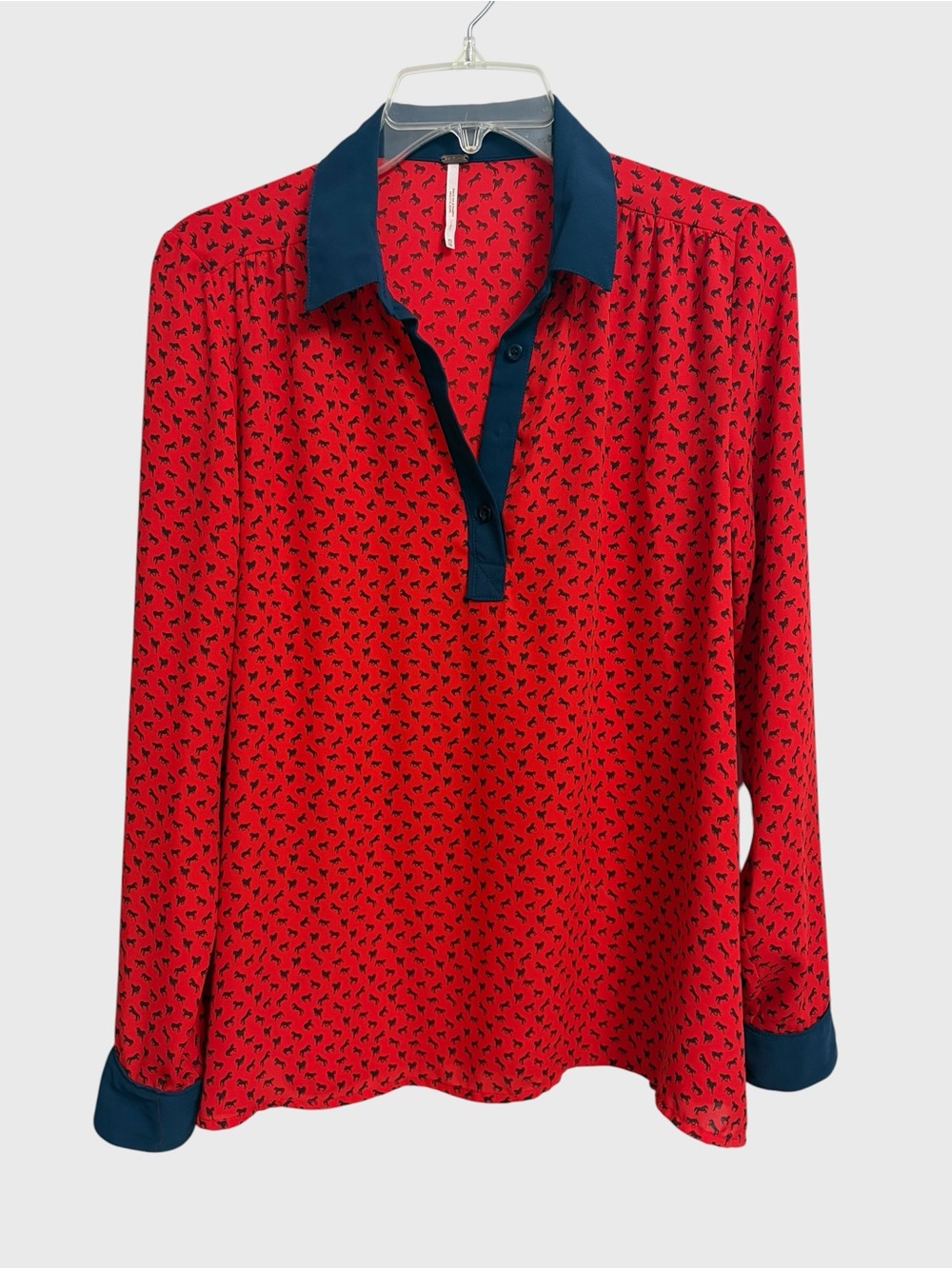 Free People Boyfriend Horse Print Blouse Size XS Red Blue Sheer Oversized Boho